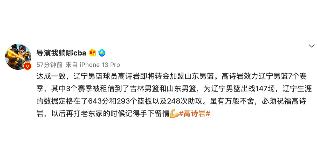 1800万大合同！从辽宁到山东，高诗岩落户济南，在山东开启新篇章的简单介绍