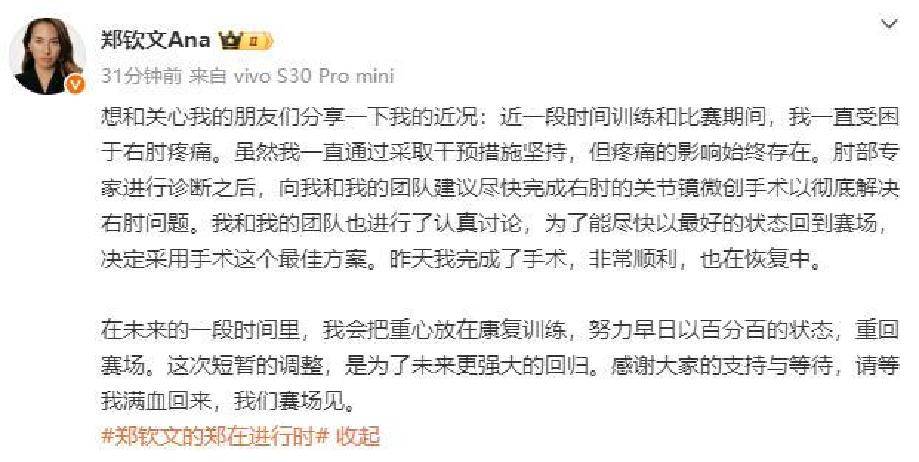 乐天堂-为了更好地归来！郑钦文接受右肘手术将伤缺一段时间(郑钦文个人资料简介及家世)